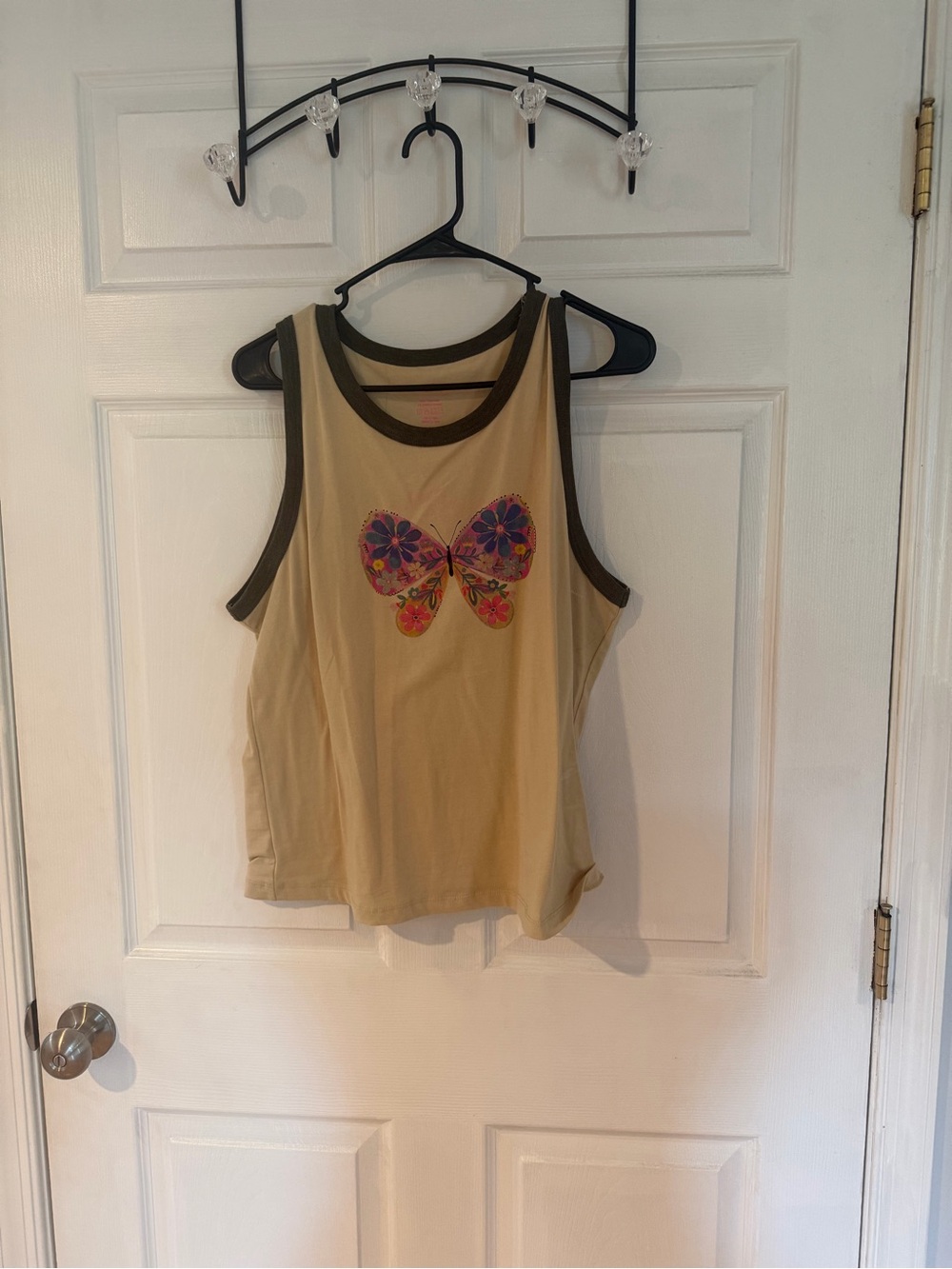 NATURAL LIFE Beige Tank Top with Olive Trim and Colorful Butterfly